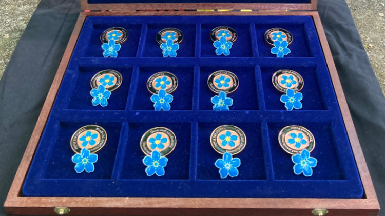 Vergissmeinnicht-Anstecker und Volksbund-Coins liegen in einer Schatulle.